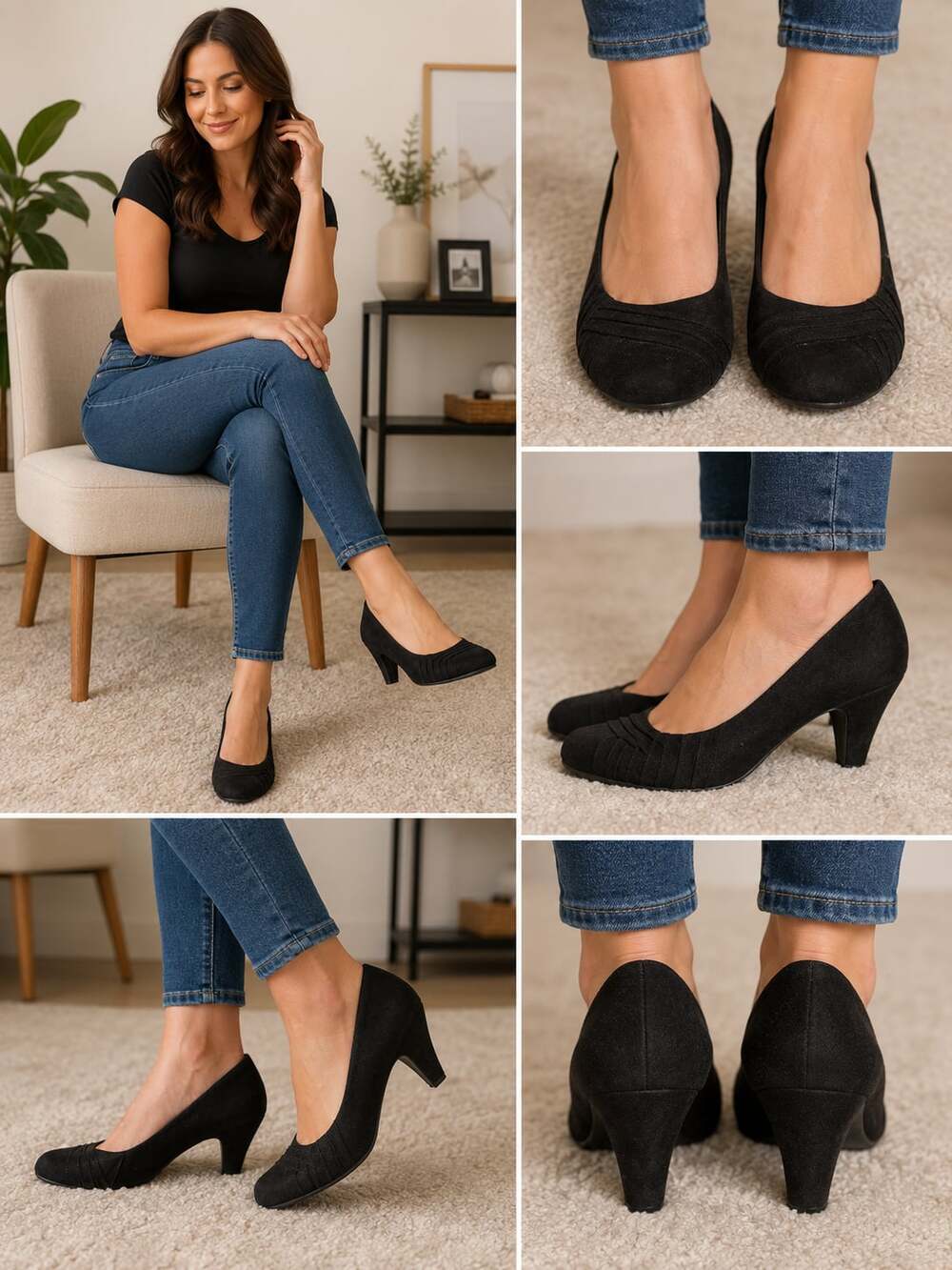Abella black suede round toe pleated pumps